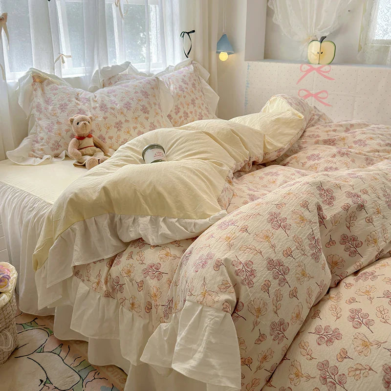 Bedding Set Korean Style New  Small Floral Water Washed Cotton Lace Duvet Cover Set Queen Size