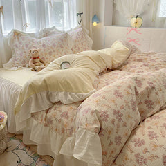Bedding Set Korean Style New  Small Floral Water Washed Cotton Lace Duvet Cover Set Queen Size