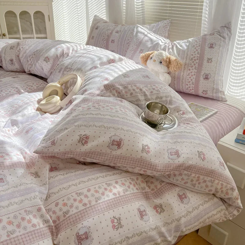 2025 new class A aerobic knitted cotton printing small fresh four-piece set, bed sheet, bed hat four-piece set