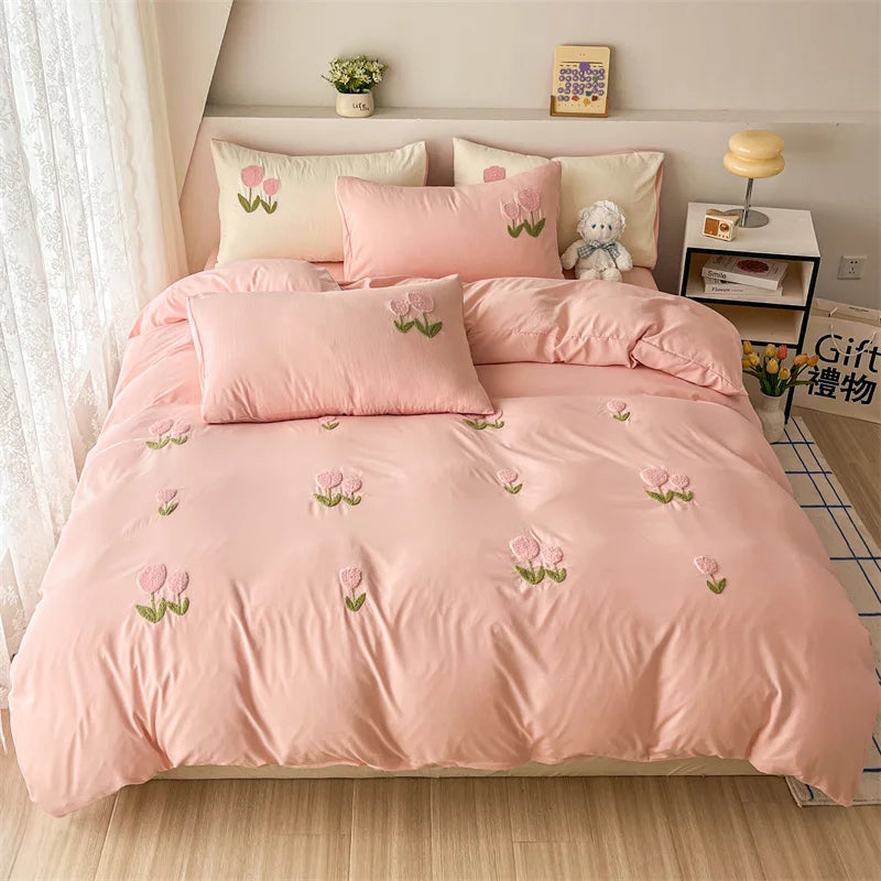 New Printed Duvet Cover with Bed Sheets and Pillowcases, Unfilled Washed Cotton, Full Size Light Luxury Home Bedding Set