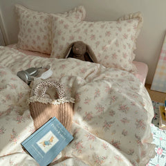 Ins Bedding Set Princess Floral Lace Simple 4pcs Bedding for Girls Woman Quilt Cover Sheet And Pillowcase Spring Home Textiles