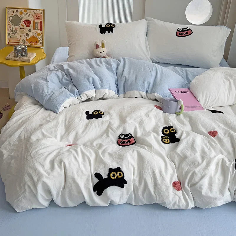 Bedding Set Super Soft Washed Cotton Towel Embroidery Duvet Cover Four Piece Set - Lucky Cat Series