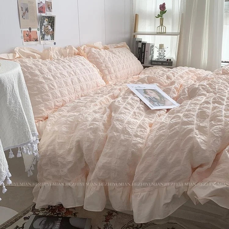 INS Princess Style Bedding Sets Ruffle Lace Bow Quilt Cover Romantic Bedclothes Decor Woman Girls Bedroom Duvet Cover 4pcs