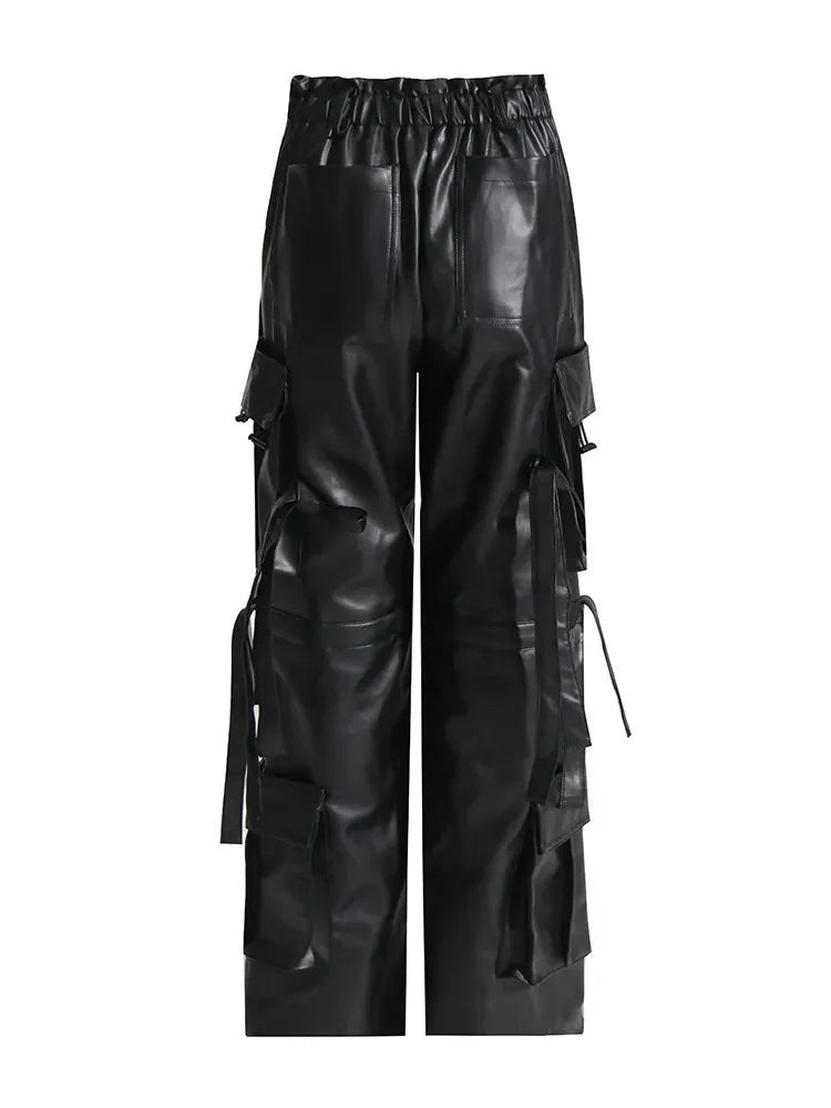 Patch-Pockets Vegan Leather Cargo Pants