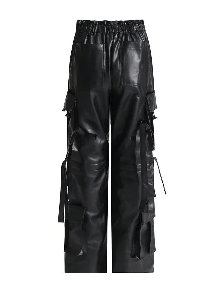 Patch-Pockets Vegan Leather Cargo Pants