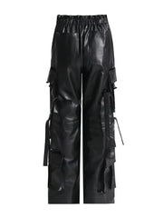 Patch-Pockets Vegan Leather Cargo Pants