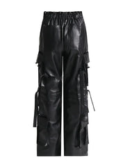 Patch-Pockets Vegan Leather Cargo Pants
