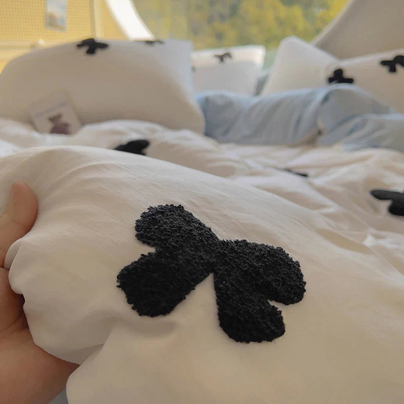 3pcs Duvet cover set (1*Duvet Cover + 2*Pillowcase, Without Core), Butterfly knot yarn embroidery Bedding Set, Soft Comfortable