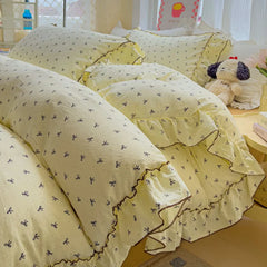 Korean Princess Style Floral Ruffles Bedding Set Washed Cotton Skin-friendly Soft Duvet Covers Set Bed Sheet Pillowcases 3/4Pcs