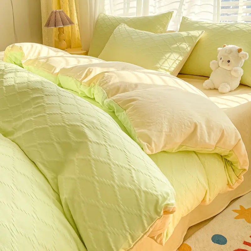 Argyle Jacquard Bedding Set Duvet Cover Pillowcases Flat Sheet Washed Cotton Solid Color Bed Linen Duvet Cover Set