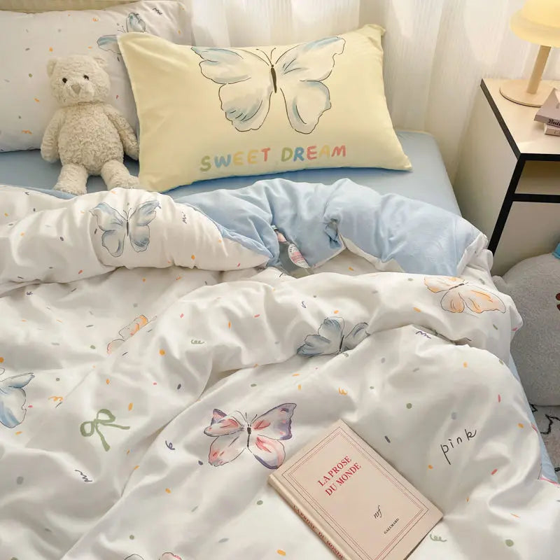 Bowknot Bedding Set Ins Girl Plaid Washed Dormitory Bed Sheet Quilt Cover Student Dormitory Three-piece Set