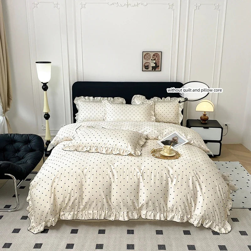 3pcs  Korean lace Duvet Cover Set (1*Duvet Cover + 2*Pillowcase, Without Core), Black dot print print Bedding Set