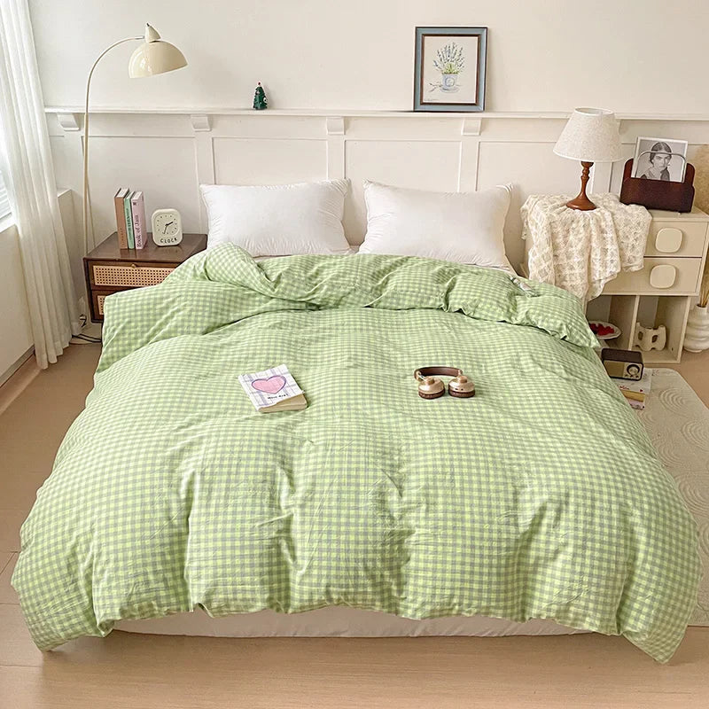 2025 New All-cotton Washed Cotton Single Quilt Set Printed Plaid Duvet Cover 150x200 220x240 Skin Friendly Bedding