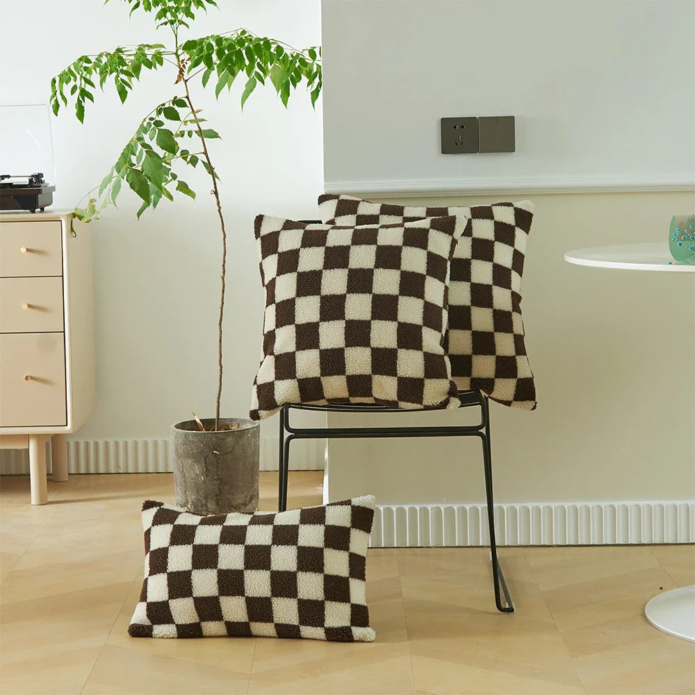 Checkered Cushion Cover Checkerboard Throw Pillowcase Short Fleece Square Pillow Cover For Home Living Room Sofa Decoration