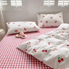 Red Cherry Plaid Duvet Cover Set with Sheet Pillowcase Soft Cover NoFilling Warm Bed Linen Twin Full Queen Size Home Bedding Set