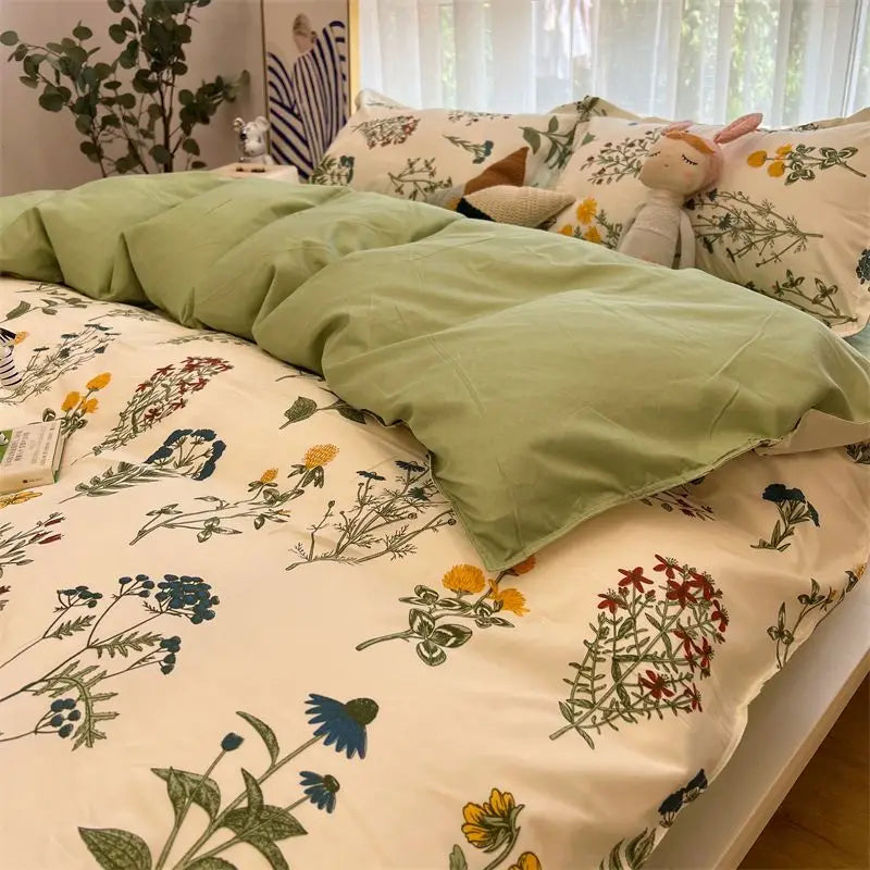 Romantic Bedding Set Floral Ins Style Duvet Cover Flat Sheet with Pillowcases Single Queen Full Size Boys Girls Korean Bed Linen