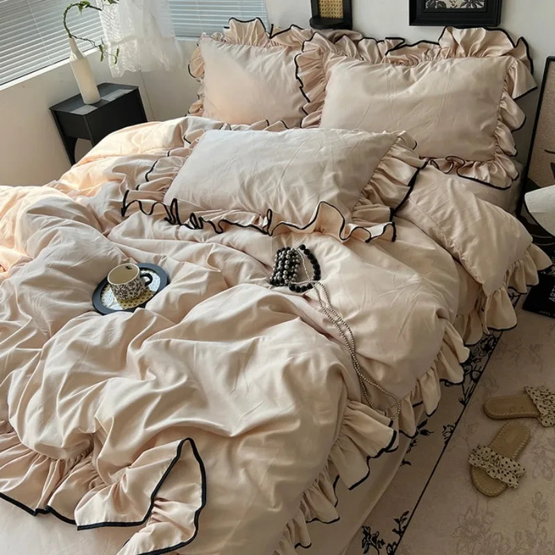 2025 summer ice silk Korean large lace washed silk four-piece set lace mattress cool bed sheet summer bedding