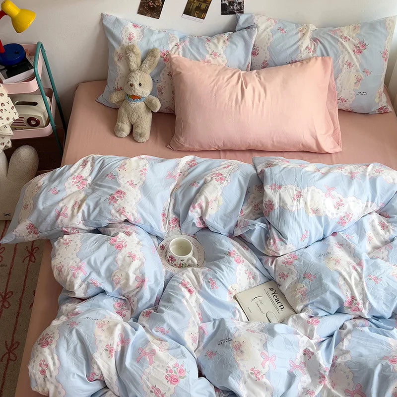 Bed Linen Bedding Set A-Class Washed Cotton Four-Piece Bed Sheets Set Comfort Sets Solid  Couple Bed Quilt Cover Home Textile