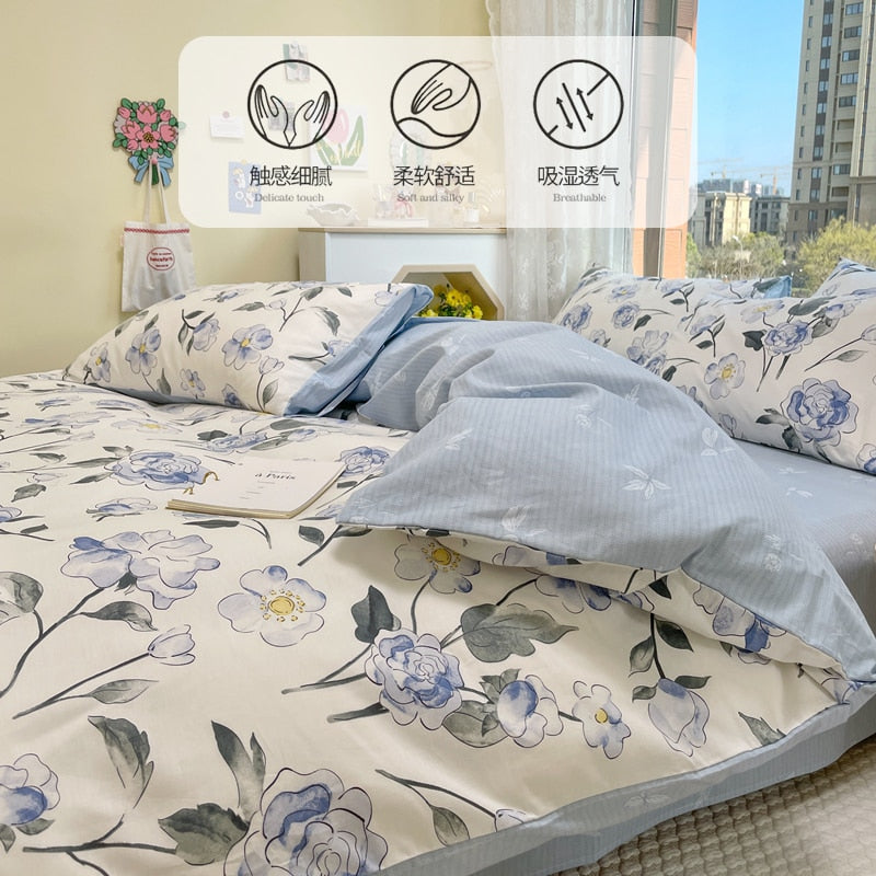 Blue Floral 100% Cotton Luxury Bedding Set, 133x72 Fabric, Skin-friendly,Duvet Cover & 2pcs Pillowcase