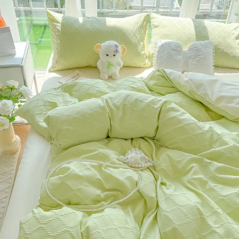Argyle Jacquard Bedding Set Duvet Cover Pillowcases Flat Sheet Washed Cotton Solid Color Bed Linen Duvet Cover Set
