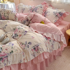 Romantic Flowers Prints Bedding Set Korean Style 100% Cotton Lace Princess Wedding Duvet Cover Bed Skirt Bedspread Pillowcases