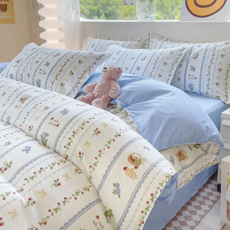 Fashion Floral Bedding Set Blue Pink Boys Girls Single Double Size Duvet Cover Kit No Filling Flat Sheet Pillowcase Home Textile