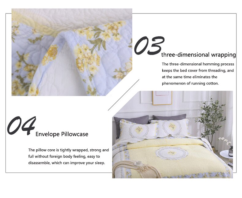 100% Cotton Yellow Daisy Quilt 3pcs Embroidered Quilted Quilt Pillowcase Free Shipping