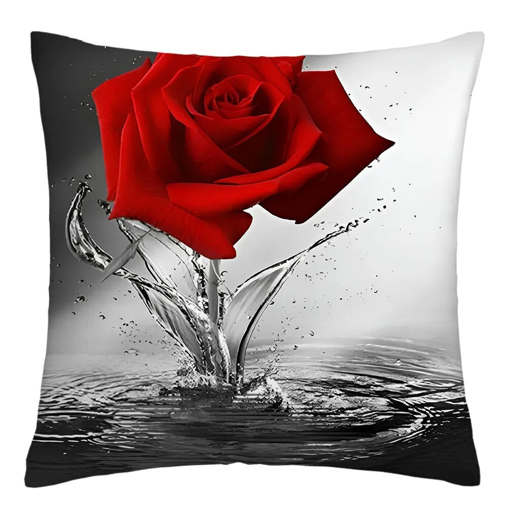 45x45cm Red Rose Flower Cushion Cover Home Wedding Decoration Sofa Bed Lumbar Pillowcase Polyester Red Rose Print Pillow Case