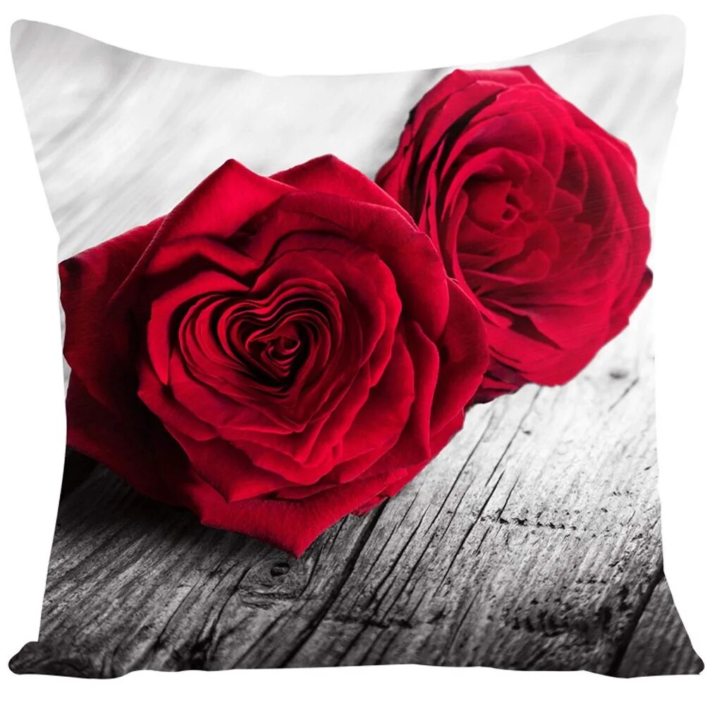 45x45cm Red Rose Flower Cushion Cover Home Wedding Decoration Sofa Bed Lumbar Pillowcase Polyester Red Rose Print Pillow Case