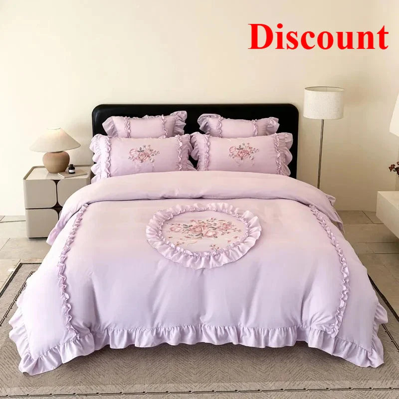 4Pcs Rose Flowers Embroidery Bedding Set Double King Queen Size Pink Girls Bedroom Duvet Cover Flat/Fitted Bed Sheet