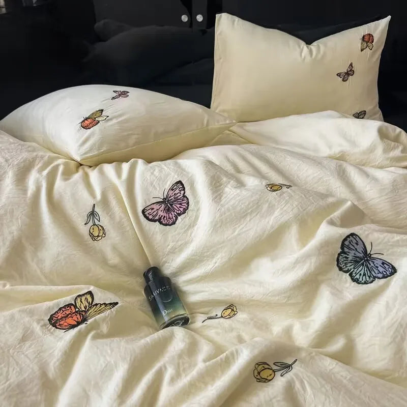 Advanced butterfly embroidered super soft water washing quilt bedding four -piece pure color bed sheet dormitory three -piece