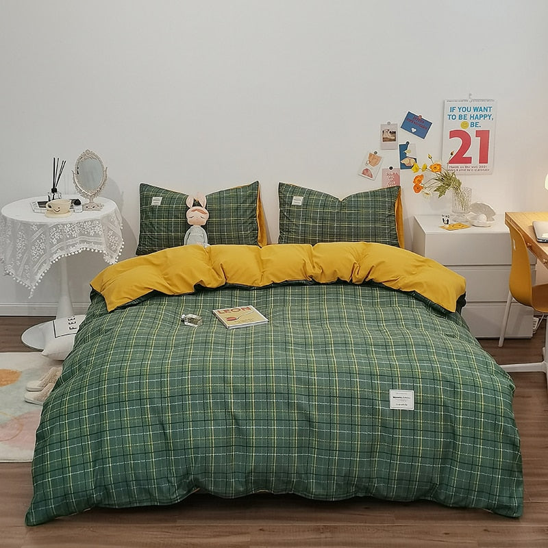 100% Cotton Japanese Simple Style Duvet Cover,Bedding Set With Plaid Stripe,Skin Friendly Breathable,1 Duvet Cover,2 Pillowcase