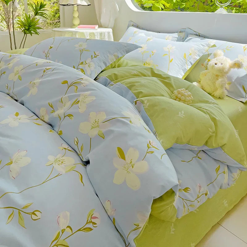 2025 Hot Flora Style Bedding Set Princess Printed Four Piece Set Flowers  Bed Sheet Set Duvet Cover Queen King Size Home Decor