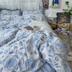 Blue Floral Duvet Cover Set with Pillowcase Bed Sheet No Filler  New Single Double Queen Size Bedding Linens Fashion