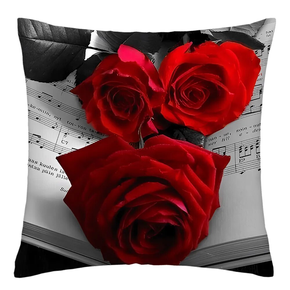 45x45cm Red Rose Flower Cushion Cover Home Wedding Decoration Sofa Bed Lumbar Pillowcase Polyester Red Rose Print Pillow Case