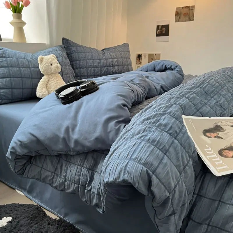 Bedding Set, Checkered Bubble Wash Cotton Quilt Set, Four Pieces, Ins Korean High Quality Bedding Sheet Set, Dormitory 3 Pcs