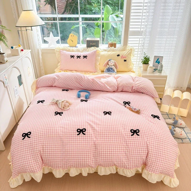 Classic Plaid Duvet Cover, Soft Lace Bedding Set, Bow Design Skin-friendly Quilt Cover, 2 Pillowcases with Different Patterns