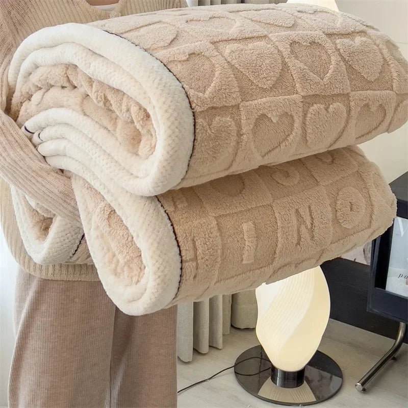 Knitted Heart Pattern Warm Throw Blankets Winter Soft Comfortable Double Sided Plush Thick Coral Velvet Blanket for Bed Safa