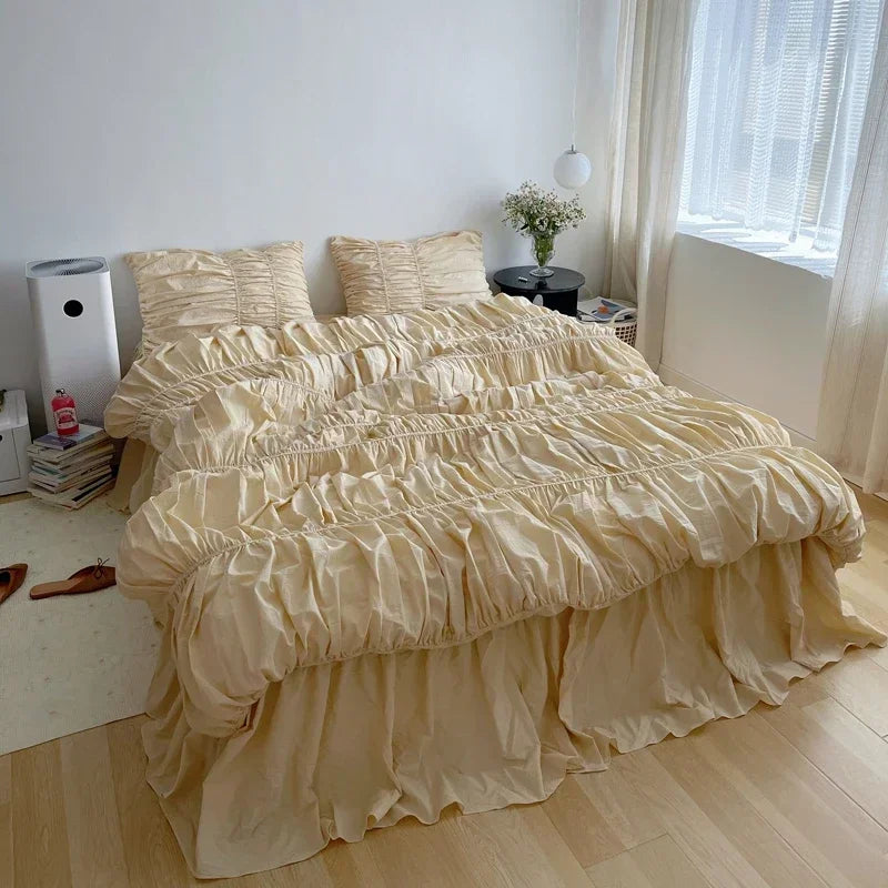 Girls Pleat Cotton Bedding Set Solid Bed Linen King Queen Double Size Duvet Cover Sets