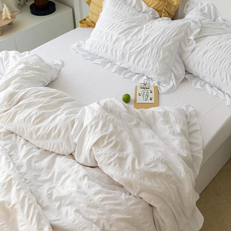 Pink Ruffled Seersucker Duvet Cover Set 3/4pcs Soft Lightweight Down Alternative Grey Bedding  with Bed Skirt and Pillowcases