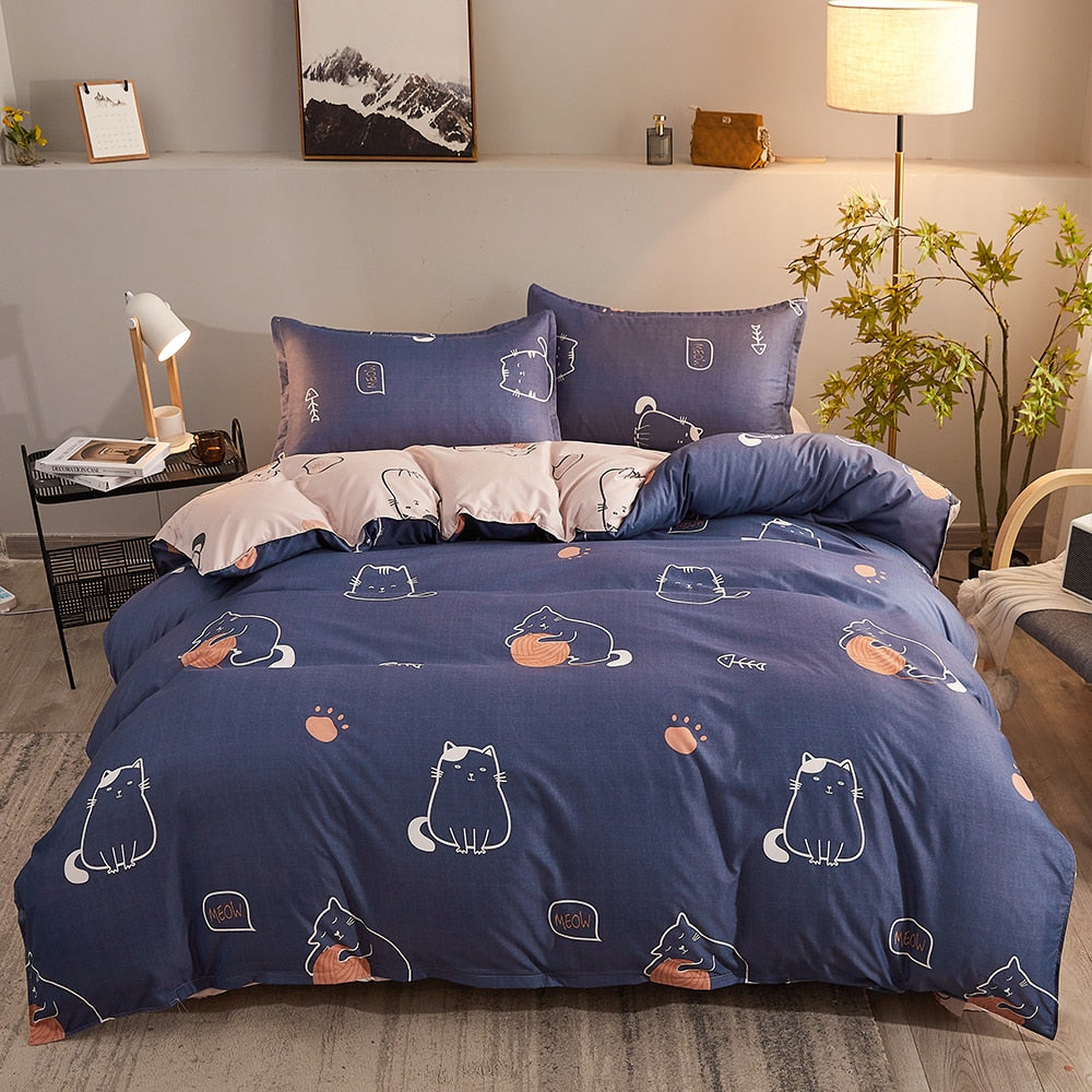 Cartoon Pattern 4-Piece Flat Sheet Quilt Cover Pillow Case Family Bed Sheet Children's Bedding Set 4-Piece Set