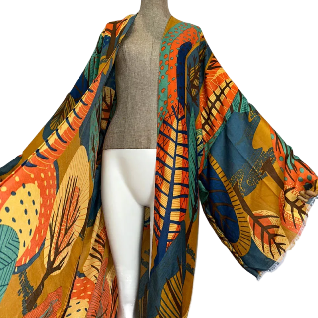 Vibrant Leaf Print Kimono Cardigan - WINI