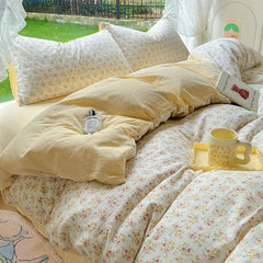Yellow Floral Bedding Set Soft Ins Single Double Queen Size Duvet Cover Flat Sheet Pillowcase Girls Home Bed Linens NO Filler