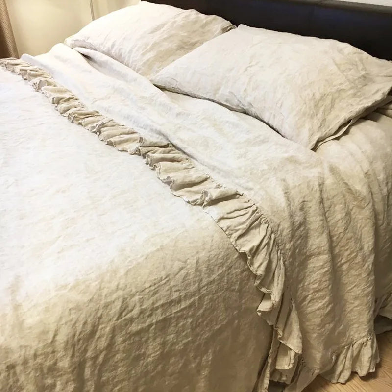 3PCS 100% Pure Linen Ruffle Duvet Cover Set Pillowcase And Duvet Cover Double Queen King Size Soft Bed Set Flax Bedding Kit