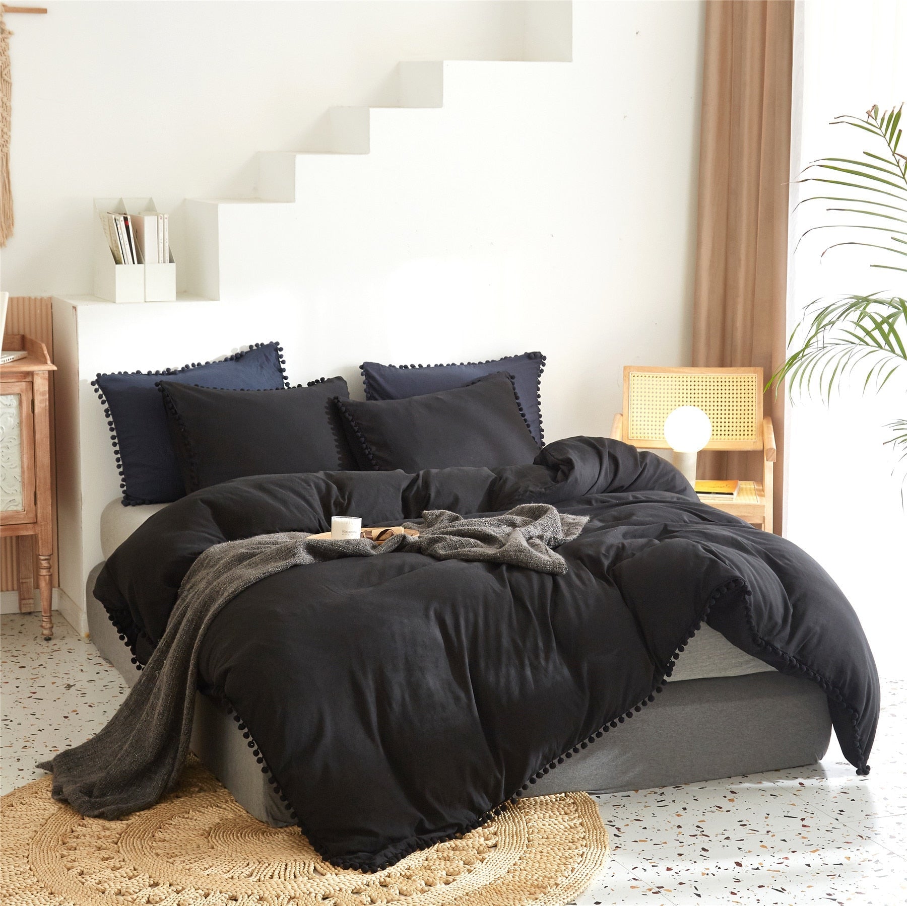 American Style Furball Tasseles Yellow Bedding Set Queen Home Hairball Tassel Bed Cover Sets Soft King Size Duvet Cover No Sheet