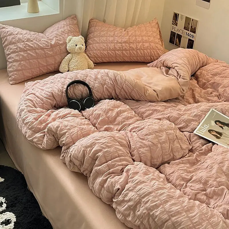 Bedding Set, Checkered Bubble Wash Cotton Quilt Set, Four Pieces, Ins Korean High Quality Bedding Sheet Set, Dormitory 3 Pcs
