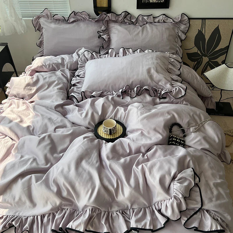 3/4Pcs Korean Princess Style Ruffles Bedding Set Skin-friendly Soft Silky Cool Feeling Duvet Cover Set Bed Sheet Pillowcases