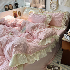 Pink Korean Princess Style Lace Ruffles Bedding Set Skin-friendly Seersucker Duvet Cover Set Fitted Sheet/Bed Sheet Pillowcases