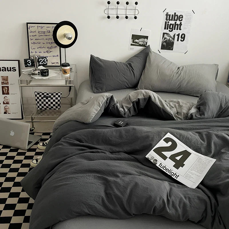 Beige Pink Bedding Set Solid 3/4pcs Home Linens Luxury Duvet Cover Pillowcase Flat Sheet Wash Cotton Twin King BedRoom Decor