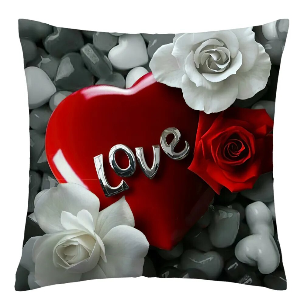 45x45cm Red Rose Flower Cushion Cover Home Wedding Decoration Sofa Bed Lumbar Pillowcase Polyester Red Rose Print Pillow Case